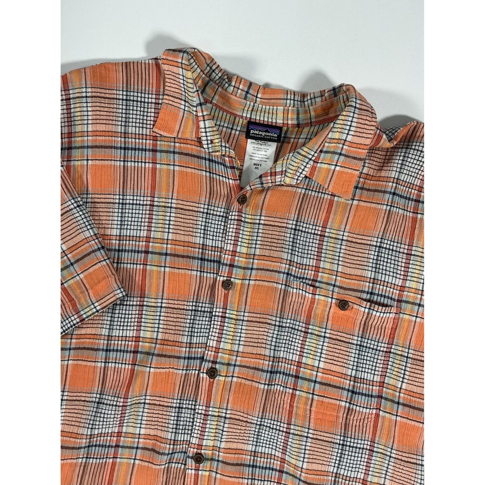 Patagonia Men's A/C Shirt Orange Plaid Crinkle Cotton Size XXL
